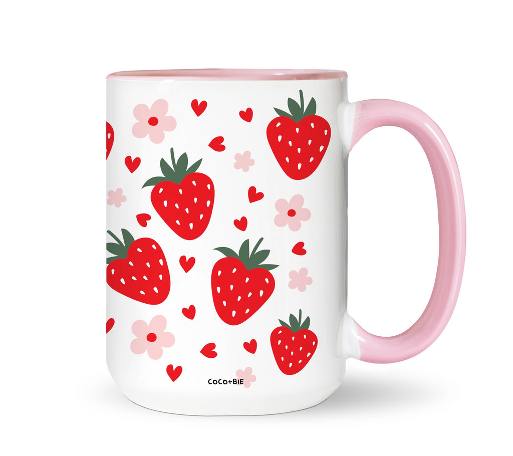 Coco + Bie - Strawberry Flowers Mug - summer mug, fruit, retro, cute mug