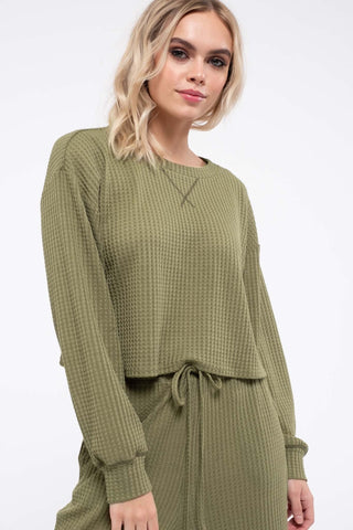 WAVES - WAFFLE LOUNGE TOP - OLIVE - 1