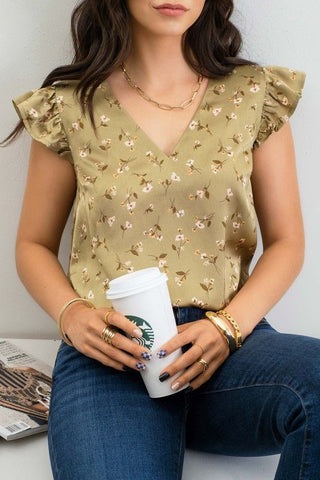 WAVES - SATIN FLORAL TOP - OLIVE - 1