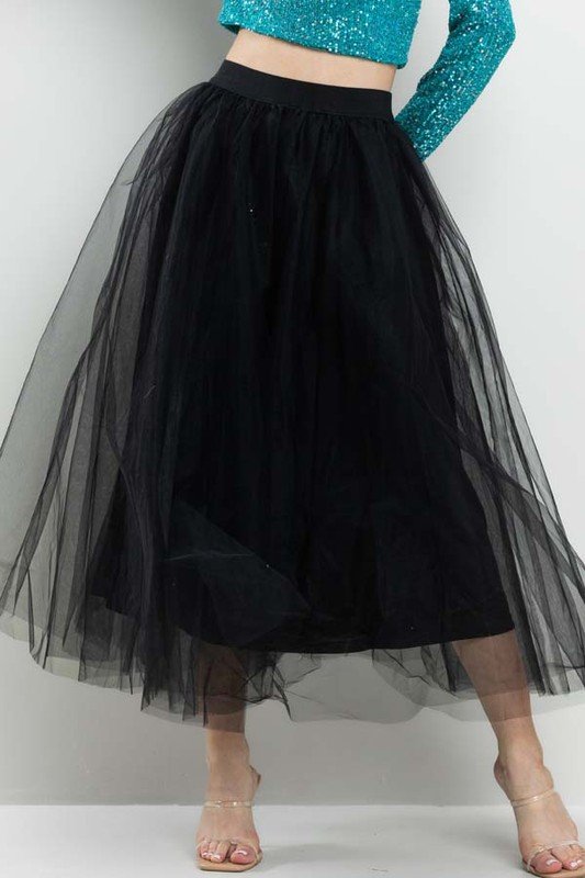 WAVES - TULLE MIDI SKIRT - BLACK - 1