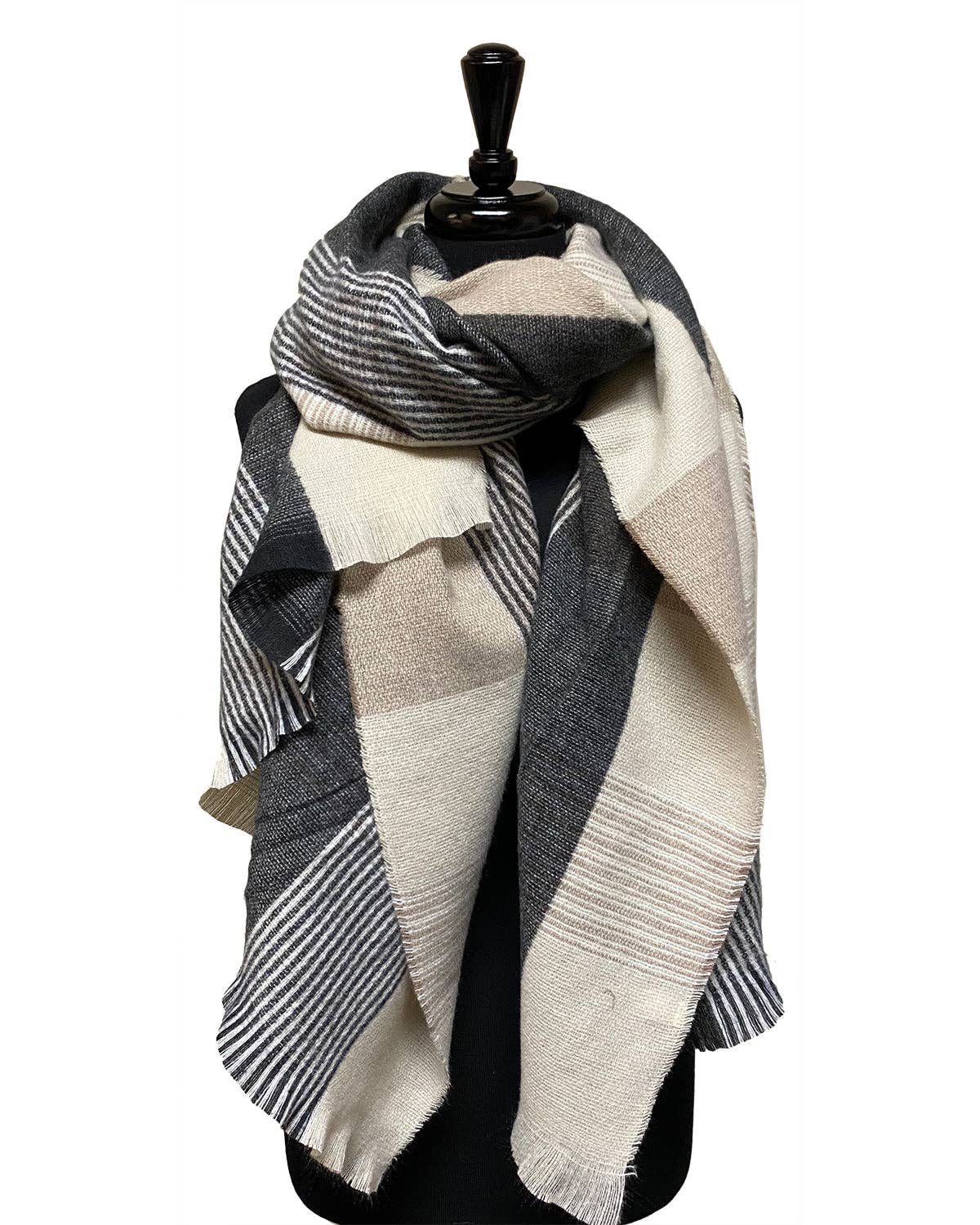 Juniper Wish - Black & Taupe Plaid Multicolor Fringe Plush Winter Scarf