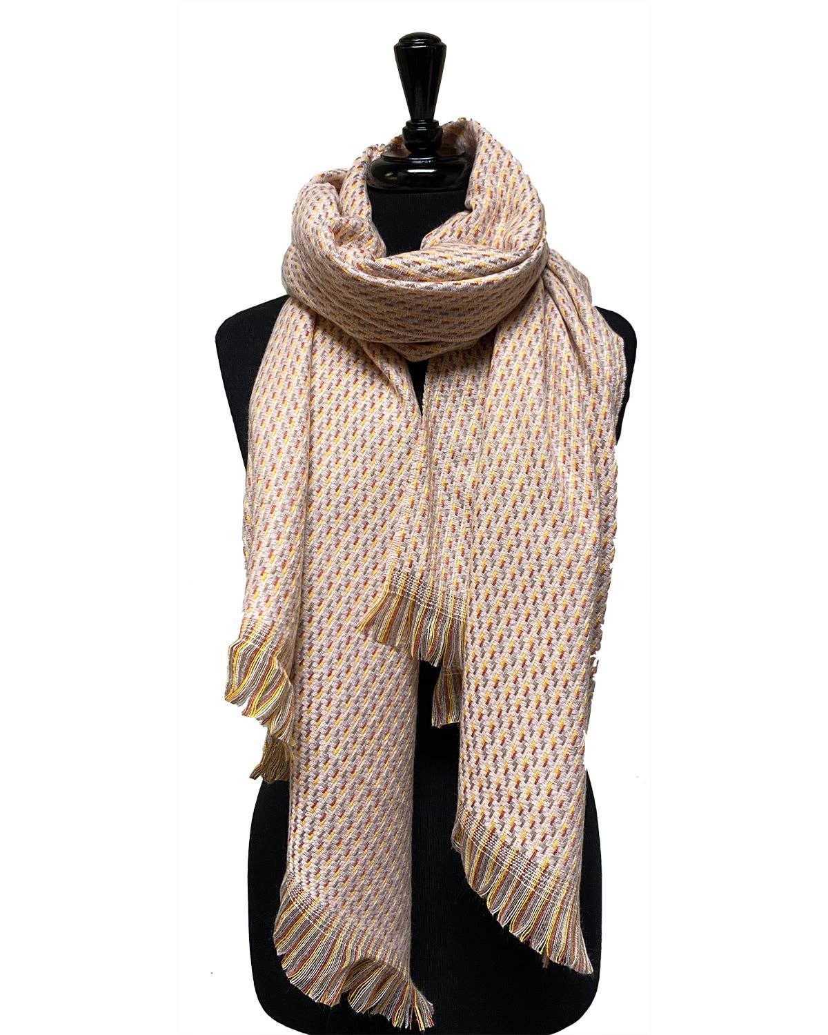 Juniper Wish - Pink Multicolor Woven Fringe Plush Soft Winter Scarf