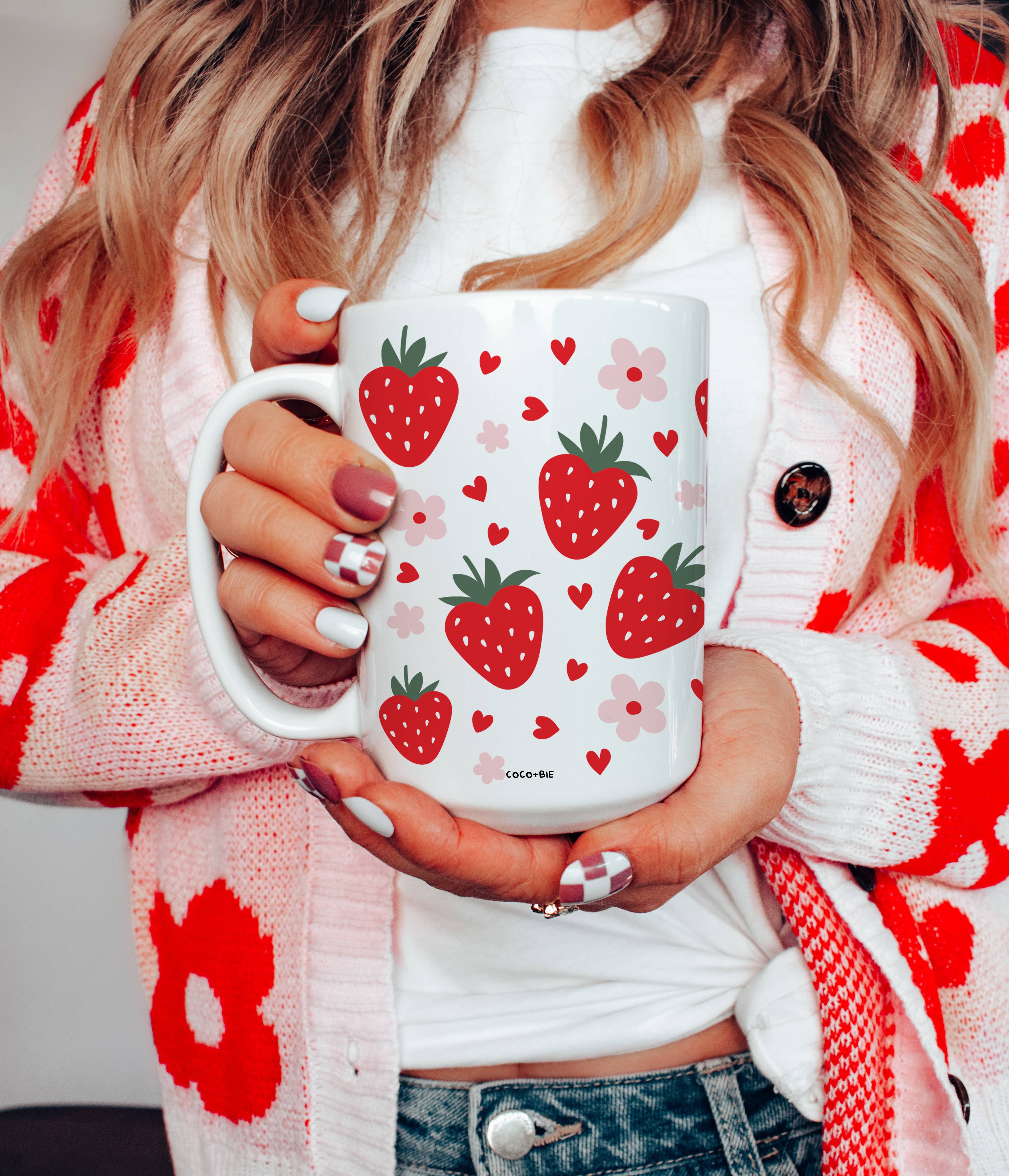 Coco + Bie - Strawberry Flowers Mug - summer mug, fruit, retro, cute mug