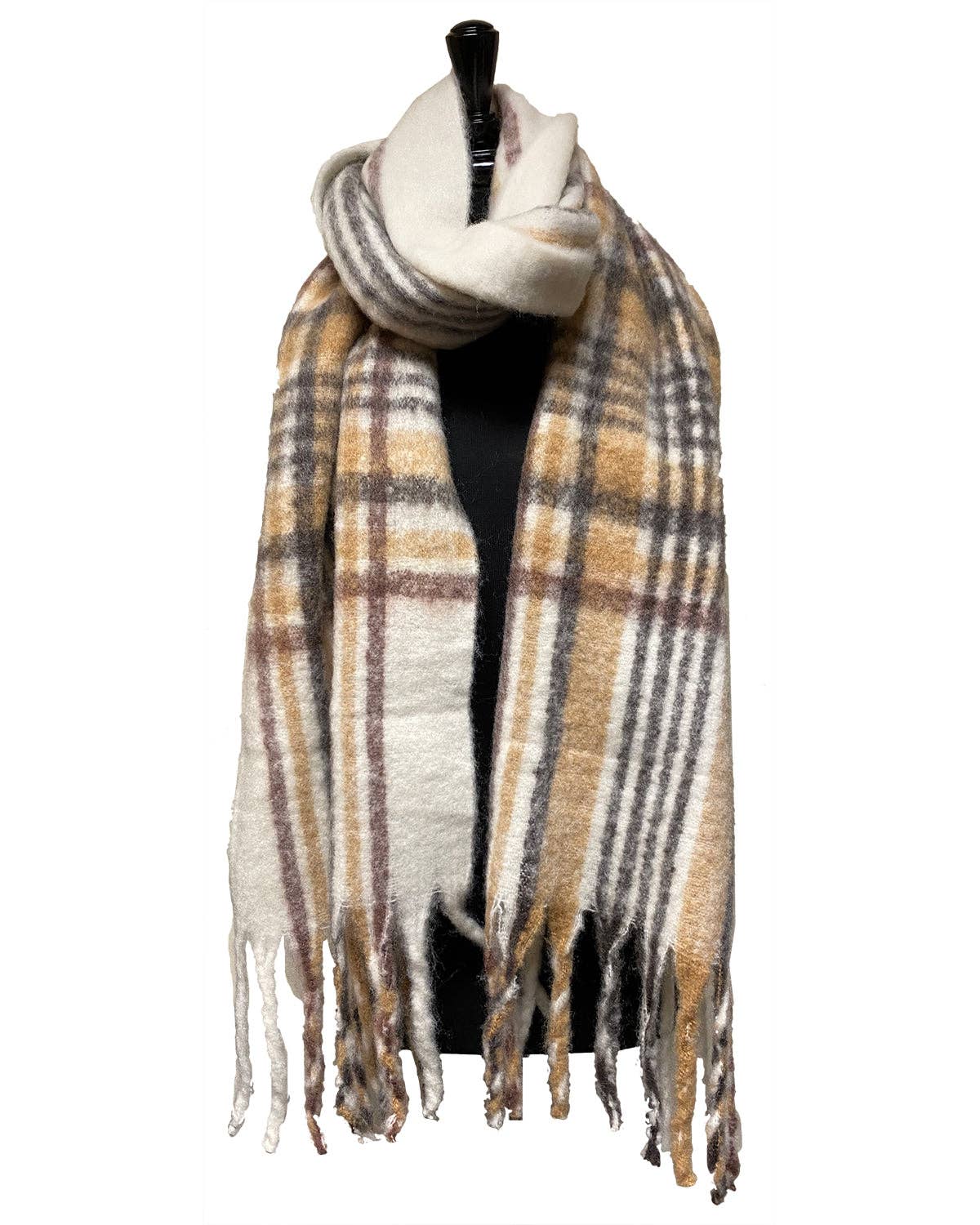 Juniper Wish - Plush Scarf - Ivory Multicolor Large Plaid Super Plush Winter Scarf
