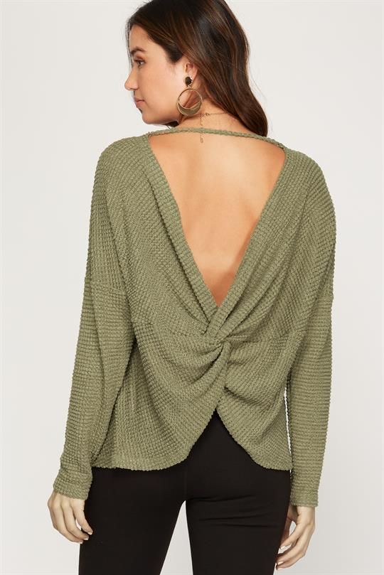 WAVES - TWIST BK WAFFLE TOP - OLIVE - 1