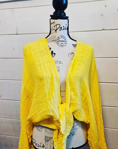 JEMM Designs - Yellow Cotton Gauze Cropped Kimono - 1